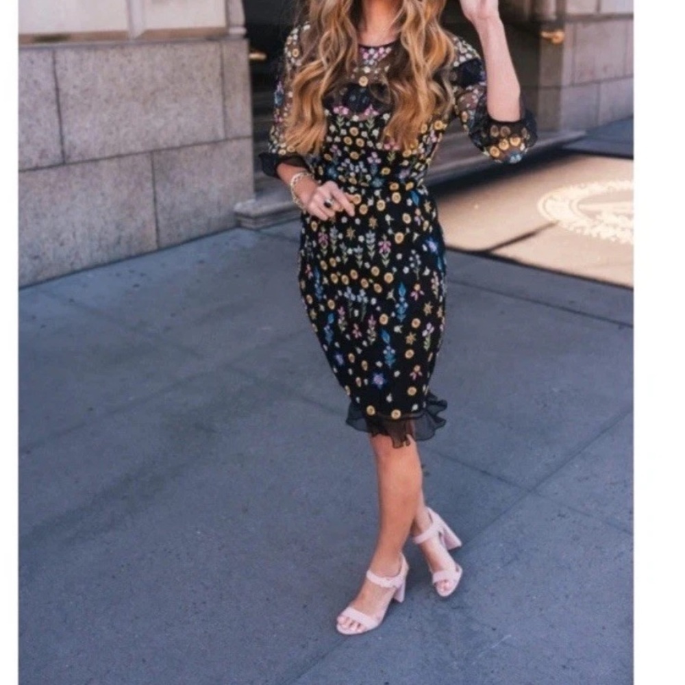 Needle & Thread Black Multicolor Long Sleeve Embroidered Floral Midi‎ Dress